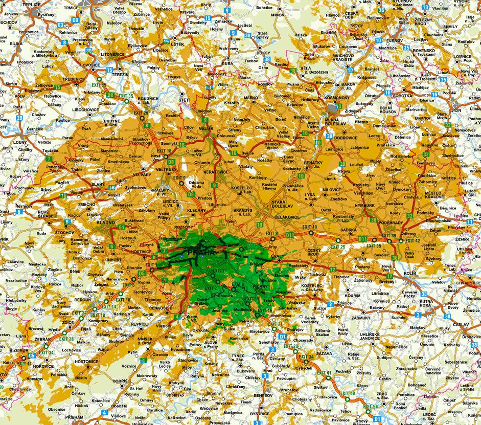 Mapa vysílání digitálního rozhlasu ze Žižkovského vysílače